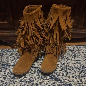 Fringe Suede Boots - Tan